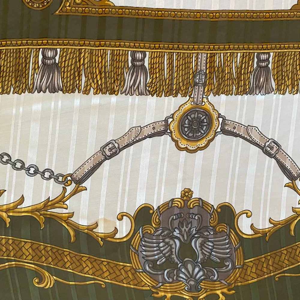 Equestrian Poste et Cavalerie Silk Poly Scarf Olive Green Red Gold‎ 34